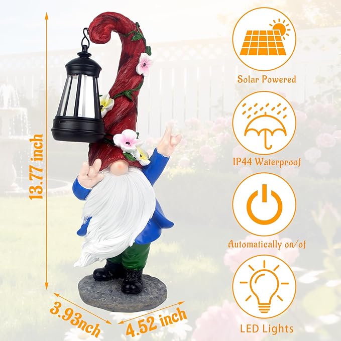 Garden Gnome Statue with Solar Lights 13.7" Garden Sculptures Gnomes Decorations Gnome Outdoor Patio Lawn Yard Balcony Birthday Gift for Mom Grandma(Left Light)