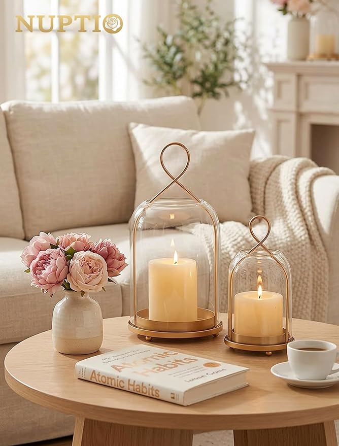 NUPTIO Glass Lanterns Decorative Outdoor: Gold Hurricane Candle Holders for Pillar Candles - Set of 2 Hanging Lantern for Home Thanksgiving Christmas Party Centerpiece