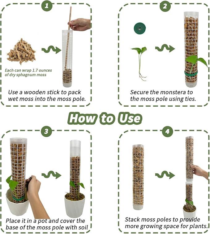 Jegu Self-Watering Moss Pole for Monstera Plant Support, 18.8 Inch Stackable Plastic Moss Pole for Climbing Plants. (4PACK-Large)