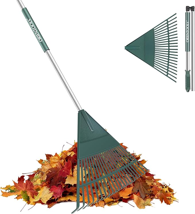 ORIENTOOLS 69" Adjustable Leaf Rake with 5-Section Handle, 26-Tine Durable Plastic Head, Dual-Use Design Converts to Leaf Scoops, Lightweight Yard Rake for Lawns, Grass, Shrubs & Garden (Foldable)