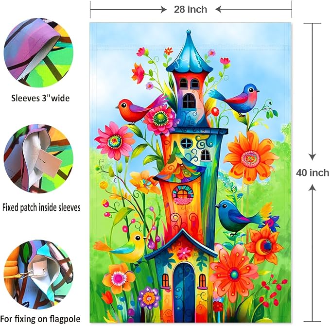 Whimsical Bird House Flags 28x40 Double Sided Welcome Large Garden Flag Holiday Yard Outdoor Decoration