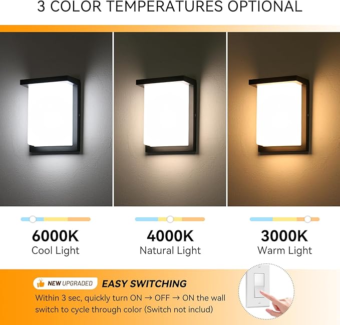 Modern Outdoor Wall Lights, LED 3CCT Selectable Outdoor Porch Light, IP65 Waterproof Exterior Wall Sconce, ETL Listed Porch Light for Front Door, Garage, Patio & House