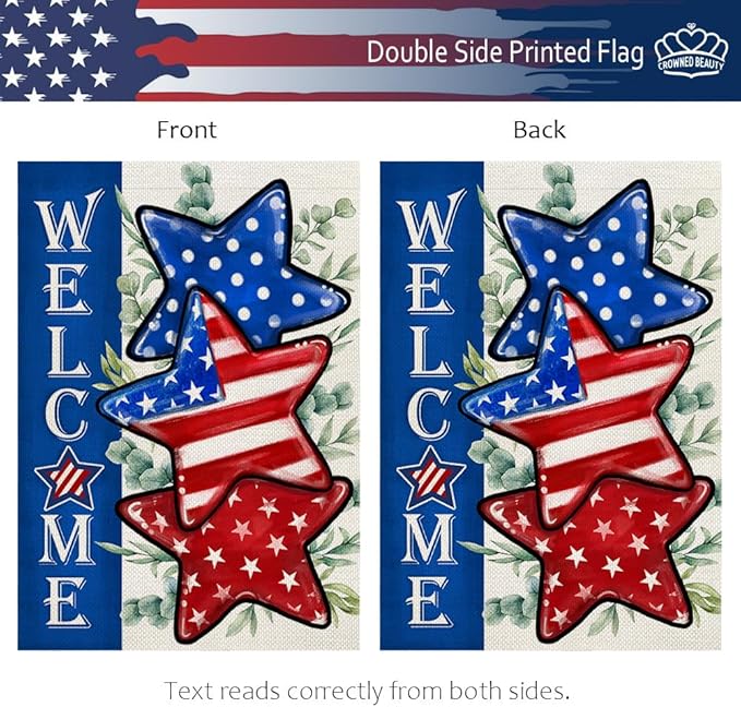 CROWNED BEAUTY 4th of July Patriotic Stars House Flag 28x40 Inch Double Sided Large Burlap for Outside Independence Day Welcome Yard Flag CF1526-40