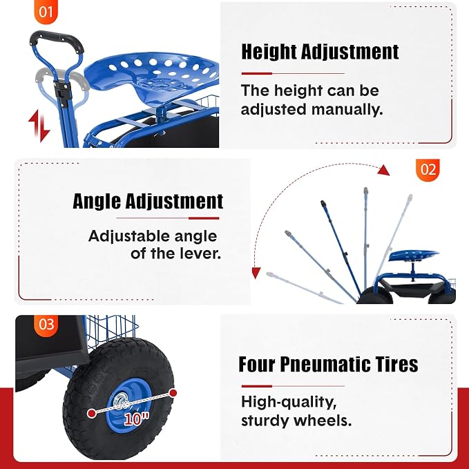 Rolling Garden Cart Workseat with Wheels, 360 Degree Swivel Gardening Stool, Extendable Steering Handle, Tool Tray, 10-Inch Inflatable Tires, Reinforced Steel Frame
