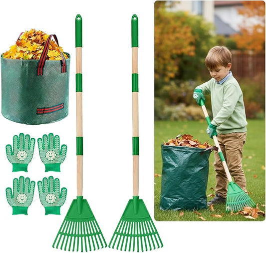 2 Pack Kids Adjustable Leaf Rake Set – 28" to 34" with Detachable Wooden Handles, Lightweight Plastic Head, Designed for Kids, Includes 2 Pairs of Gloves & Leaf Bag (Green)