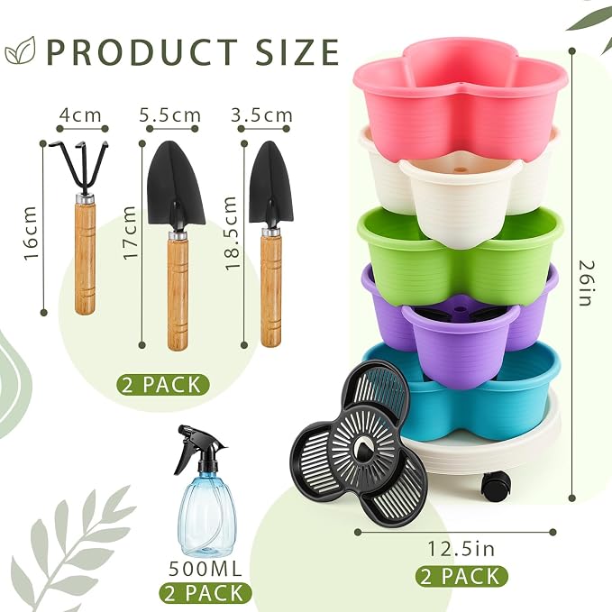 Umigy 2 Set Multicolor 5 Tier Stackable Vertical Planters with Removable Wheels and Tools Tower Planters Herb Flower Strawberry Vegetable Pots Indoor Outdoor Gardening Pots