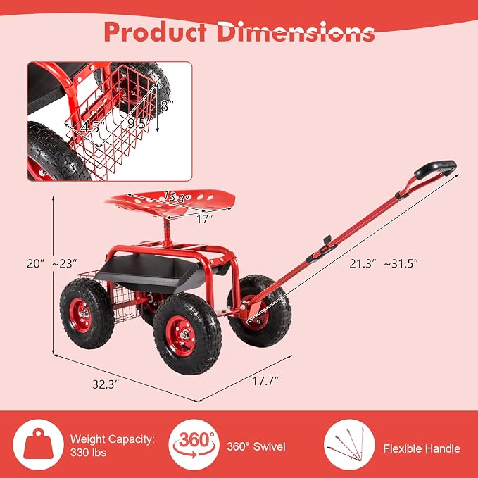 J-Sun-7 Garden Cart with Seat - Steel Rolling Garden Scooter Stool with Wheels, 360 Degree Swivel Work Seat, Adjustable Handle, Tool Tray, Basket, Gardening Stools for Seniors, Red