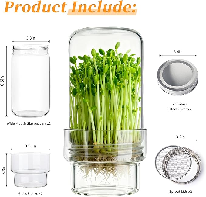Sprouting Jar Kit, 2 Pack Wide Mouth Quart Mason Jars | Broccoli, Microgreens, Alfalfa Sprout Jar | Perfect for Home Gardeners, Health Enthusiasts & Vegan Diets