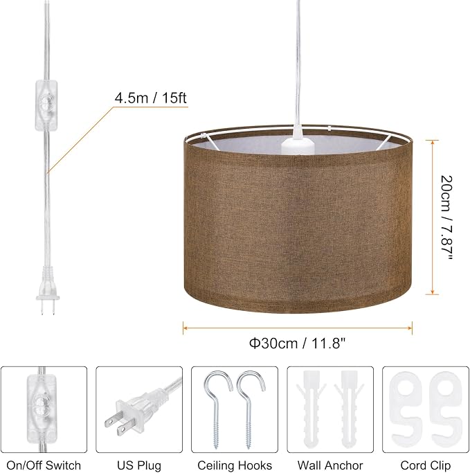 PATIKIL Plug in Pendant Light, 15Ft Rope Cord Hanging Lamp Fixture with ON/Off Switch, Linen Fabric Shade E26/E27 Bulb Socket for Bedroom Kitchen Living Room, Coffee