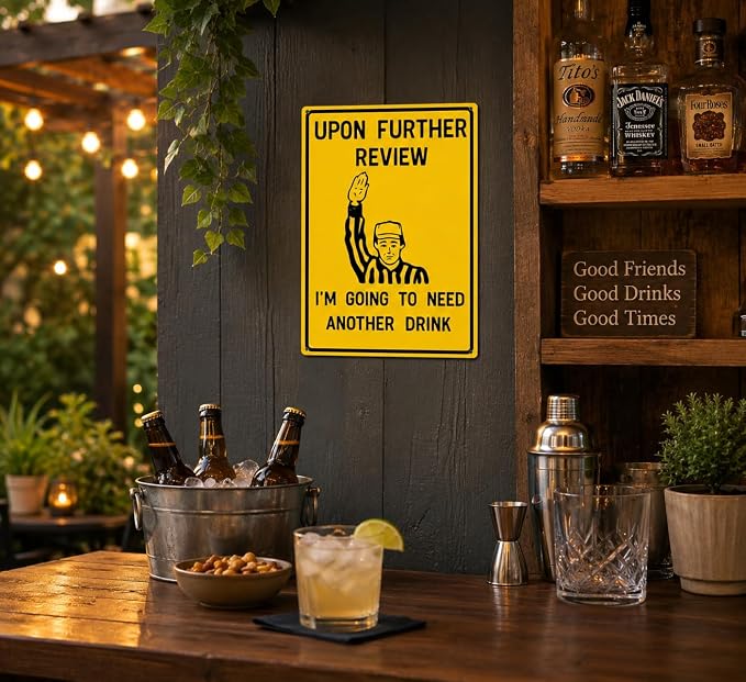 Upon Further Review Funny Football Referee Metal Sign, Sports Bar Humor Wall Decor, Retro Bar Cart Themed Plaque for Man Cave Home Bar Garage Game Room Basement Decor 8x12 Inch