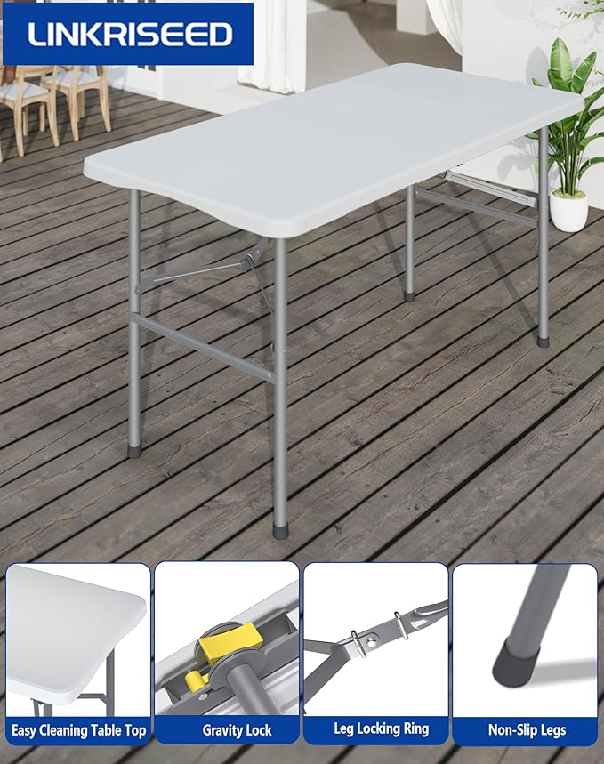 4FT Folding Tables – Heavy Duty Portable Foldable Picnic Table with Built-in Handle, 450 lb Capacity – Ideal for Events, Parties, Crafts, Camping & Dining (6-Pack, White)