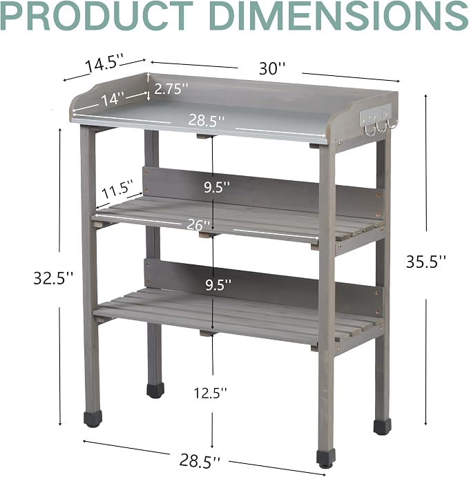 30" Outdoor Potting Bench Table with Metal Tabletop, Wooden Potting Table, 3 Tier Garden Work Bench Shelf with Hooks & Adjustable Feet for Patio Porch Balcony, Grey