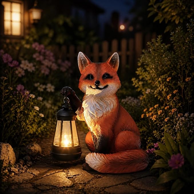 Solar Fox Garden Statue, 9 Inch Resin Animal Figurine with Lantern, Outdoor Solar Light Decor for Patio, Yard, Porch, Walkway, Lifelike Woodland Fox Sculpture for Garden Art (Red)