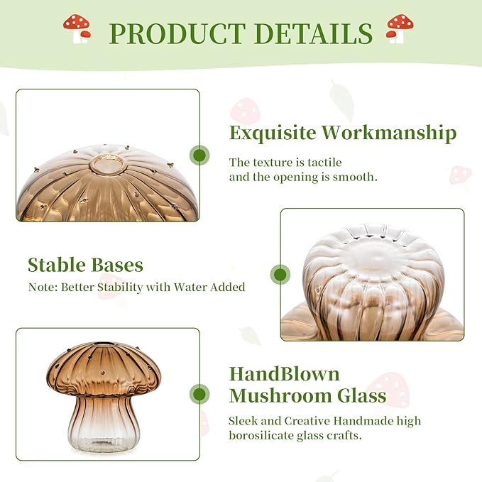Glasseam Mushroom Plant Propagation Stations: Amber Glass Terrarium Jar Set of 5 Cute Planters for Indoor Plants Mini Propagate Station Unique Christmas Birthday Gifts for Women Home Office Decor