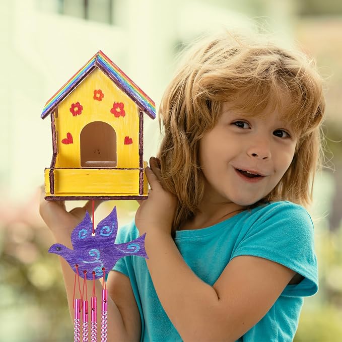 Feifeiya 24 Sets DIY Birdhouse Wind Chime Kit Build and Paint Birdhouses Wooden Arts 24 Unfinished Wooden Bird House 24 Wind Chime 38 Butterfly Sticker 24 Watercolor Arts for Activity(Classic)