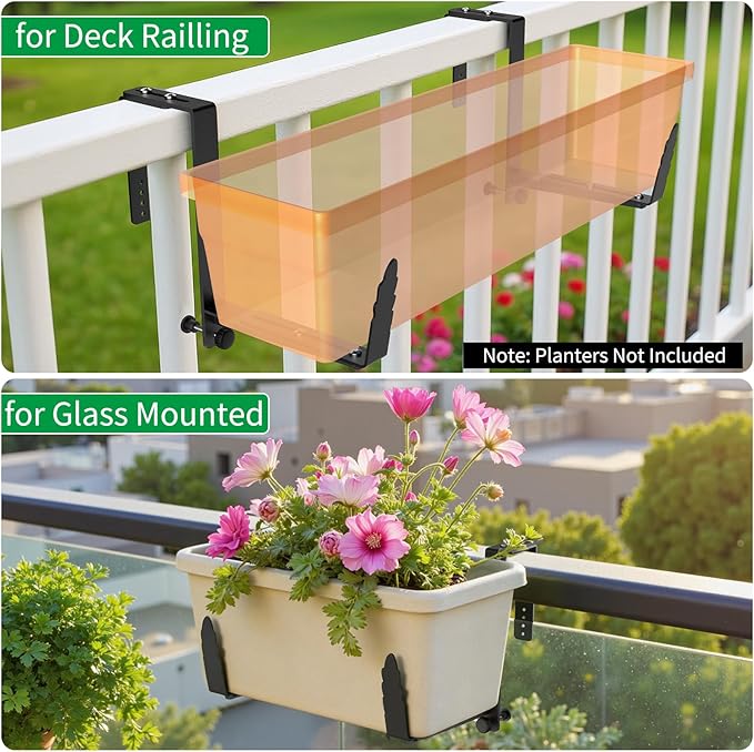 Window Box Brackets, Adjustable Planter Box Brackets, Heavy Duty Iron Flower Box Bracket for Deck Railing with Upgraded Bottom Support - Ideal for Balconies, Fences, and Gardens (4 Pack)