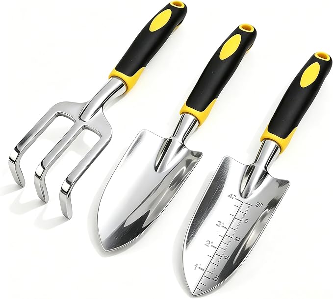Stainless Steel Garden Tool Set，3 Pieces, Including Hand Shovel & Transplant Shovel & Hand Rake with Non-Slip Soft Ergonomic Handle (Yellow)