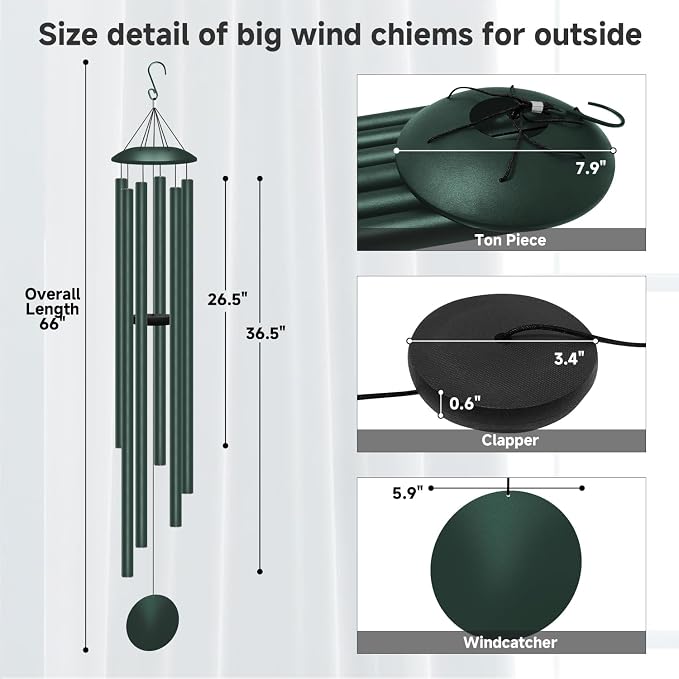 66" Extra Large Wind Chimes for Outside Deep Tone, 6 Thick and Bold Aluminum Tubes Tuned Relaxing Melody Wind Chime, Big Wind Chimes for Garden Patio Decor, Great Gift Idea for Mother's Day (Forest)