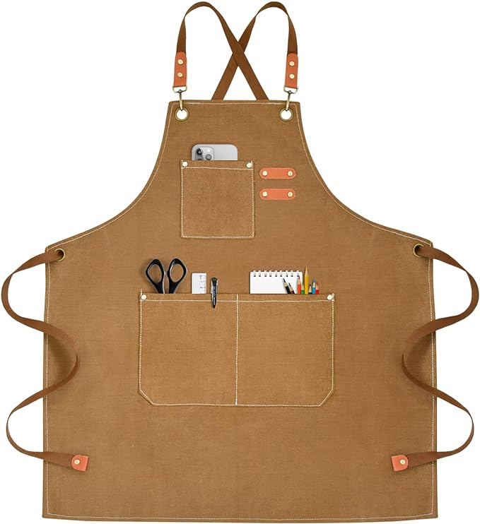 OUNLEN Chef Apron for Men Women Canvas Aprons with 3 Pockets Cross Back Resistant Work Apron for Cooking