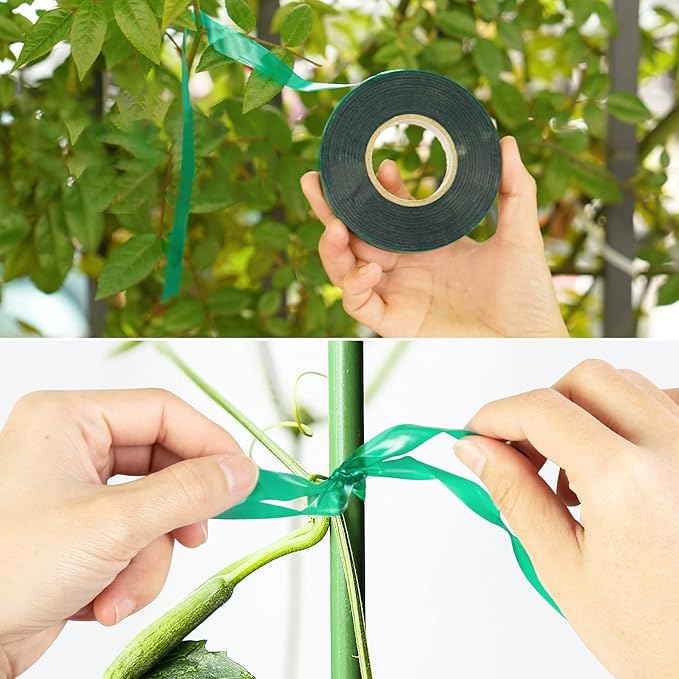 Unves 2 Rolls Garden Tape, 300 Feet 1/2" Green Plant Ties Tape Reusable Nursery Tapes, Wide Stretch Tie Tapes Tomato Plant Support for Indoor Outdoor Patio Branches, Climbing Flowers, Vegetables