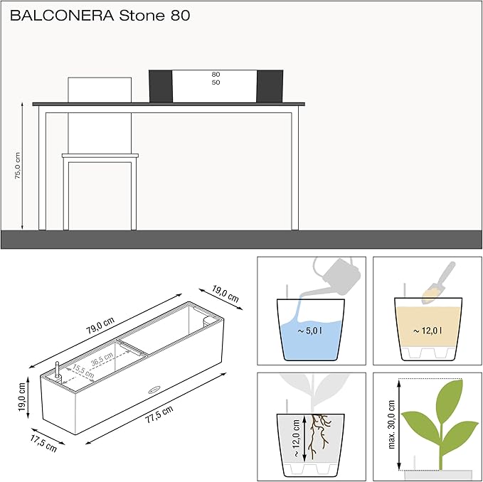 Lechuza BALCONERA Stone 80 Sand Beige, Self-Watering Window Box (Railing Planter), H7.5 L31.1 W7.5 in