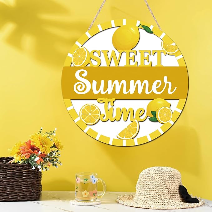 HOURIA 3D Lemon Wooden Door Sign,Sweet Summer Time Welcome Wreath Sign Front Door Decor,Summer Lemon Decorations for Home Kitchen Classroom,11.4"X11.4"