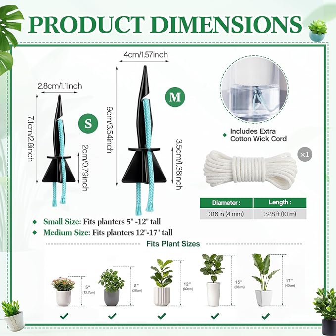 20 Pack Self Watering Spikes for Indoor Outdoor Plants, Automatic Plant Watering Stakes with 32.8ft Capillary Wick Rope, DIY Vacation Waterer for Potted Plant Seedling Garden Pot (Small)