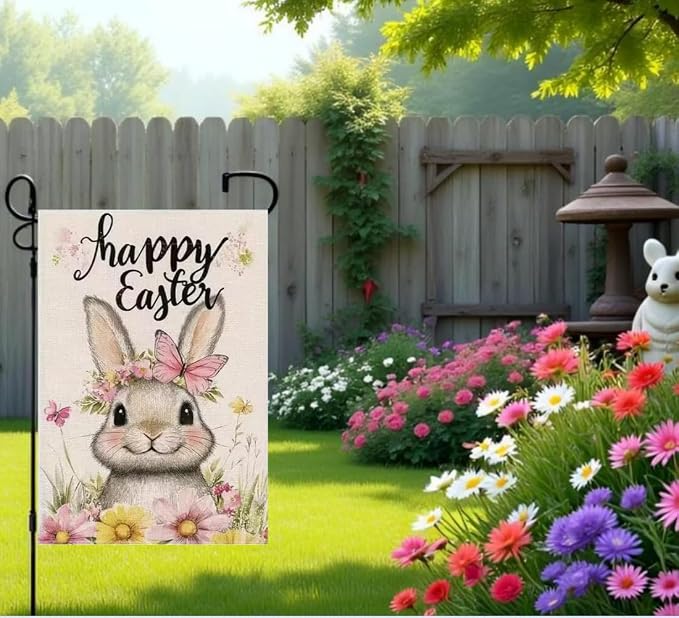 Easter Garden Flag 12x18 Double Sided, Small Burlap Holiday Farmhouse Bunny Garden Flags Easter Outdoor Decorations Yard Flag for Outside Lawn Porch Garden Decor