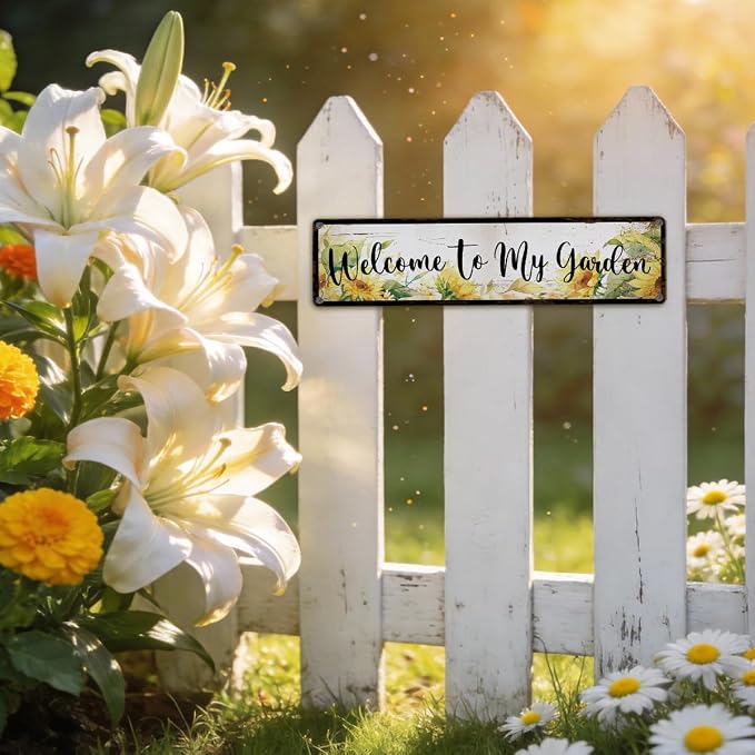 Rustic Garden Signs, Welcome to My Garden Sign, Sunflower Floral Vintage Farmhouse Outdoor Wall Art, for Porch Patio Fence Door, Ideal for Gardening Lovers, 15.7 x 3.9 Inches