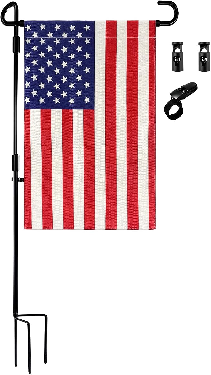 URSKYTOUS Garden Flag Stand with American Garden Flags 12×18 Inch Heavy Duty Flag Pole Holder with Clips and Stopper Small Double Sided American Flags for Outdoor Yard Patio Lawn 4th of July Decor