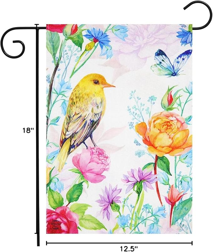 Whimsical Bird Spring Burlap Garden Flag Floral 12.5" x 18" Briarwood Lane