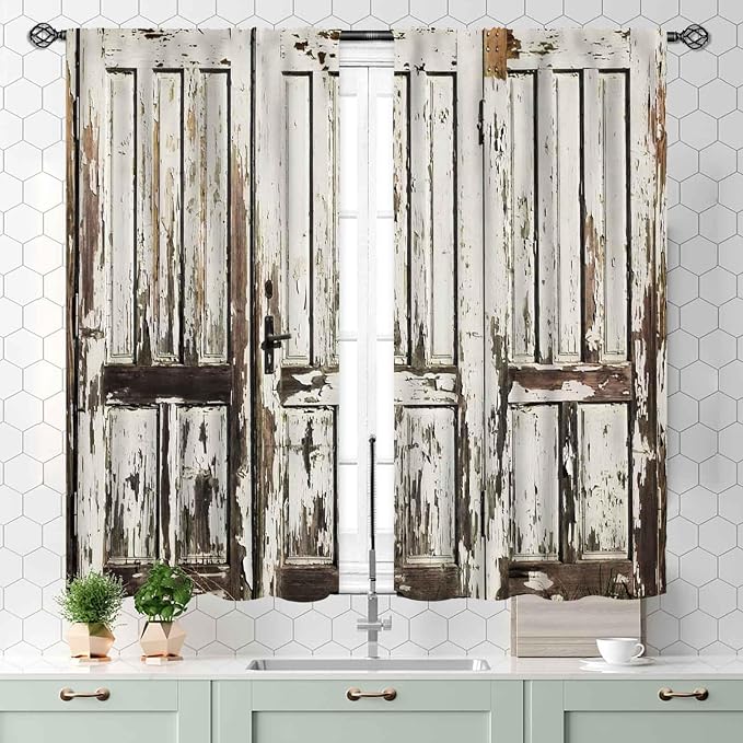 Rustic Wooden Curtains, Farmhouse Old Barn Door Country Cottage Western Barnwood Garage Printed Blackout Window Drapery Treatments for Kitchen Living Room Bedroom 2 Panels Set, 55x39 Inch