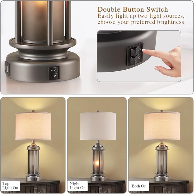 AIEAMPDO Set of 2 Farmhouse Bedroom Table Lamps with 2 USB C+A Ports | Rustic Vintage Design With Amber Glass Nightlight. Table Lamps For Living Room, End Table And Entryway, 4 Bulbs Included