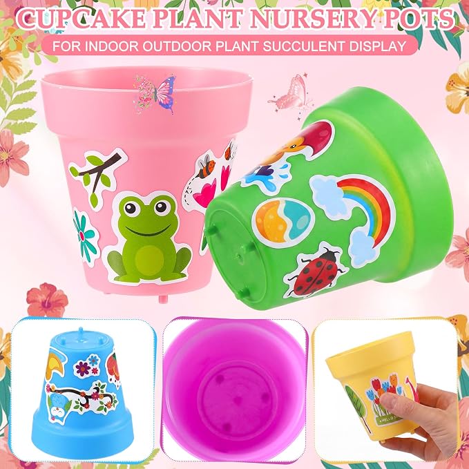 100 Sets Garden Pot Craft Kit, Flower Plant Spring Craft Including Plastic Nursery Plant Pots Labels Tags Stickers for DIY Flower Planting Growing Birthday Arts Kit (Macarons)