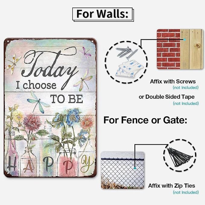 YOYI ART Metal Flowers Dragonfly Wall Decor Sign - Today I Choose to Be Happy, Vintage Tin Signs for Home, Bedroom, Kithcen, Garden, Patio and Yard Wall Art Accessories, Gifts for Women, 8 x 12 inch