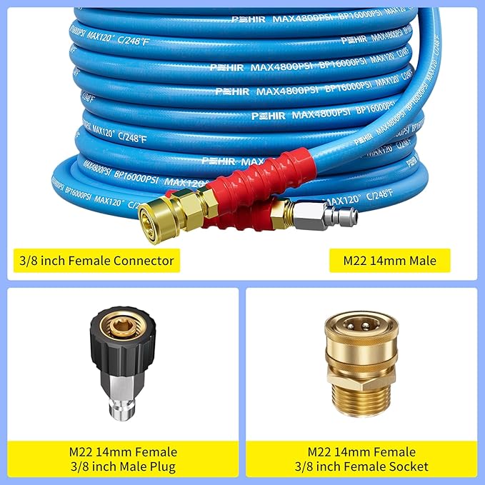 POHIR 25ft Pressure Washer Hose 3/8" 4800 PSI, No Marking Kink Free Hose with Quick Connect Ends and Adapters for Hot & Cold Water up to 248°F, Steel Wire Braided Hose for Power Washing