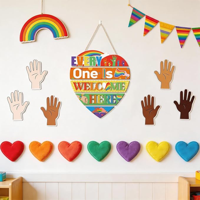 HOURIA Everyone is Welcome Here Pride Wood Sign(11.4"x11.7"),LGBTQ Rainbow Sign Front Door Decoration,Heart-Shaped Layers Wooden Plaques Colorful Welcome Wall Decor for Classroom Office Home