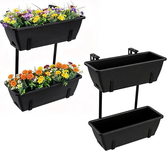 Rectangle Planters Box, 4 Pack Deck Hanging Planters for Railings, Window Box Planter with Drainage Holes & Trays, 16.9 Inch Balcony Planters Railing Hanging with Metal Brackets, Black