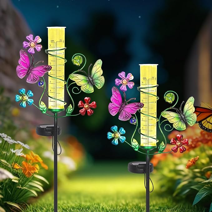Butterfly Rain Gauge with 6 Inch Plastic Tube, Accurate Rain Gauges Outdoors Best Rated with LED Solar Lights Rain Measure Tool for Garden, Lawn, Patio