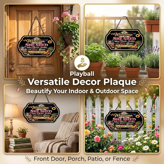 Welcome to My She Shed Sign, Garden Sign 10 x 5 Inch Metal Aluminum Sign with Chain, Decorative Garden Sign for Outdoor Garden Decor for Outside, Gardening Gifts for Women