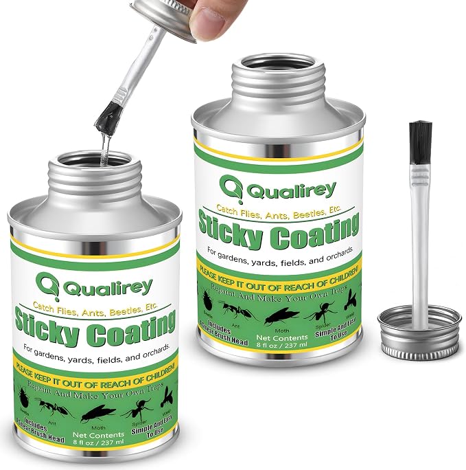 Qualirey 2 Pack Tangle Trap Sticky Coating with Brush, Insect Barrier Outdoor DIY Adhesive Traps Coating Lanternfly, Deerflies,for Gardens, Orchards and Around The Home to Protect Trees Plants (8 oz)