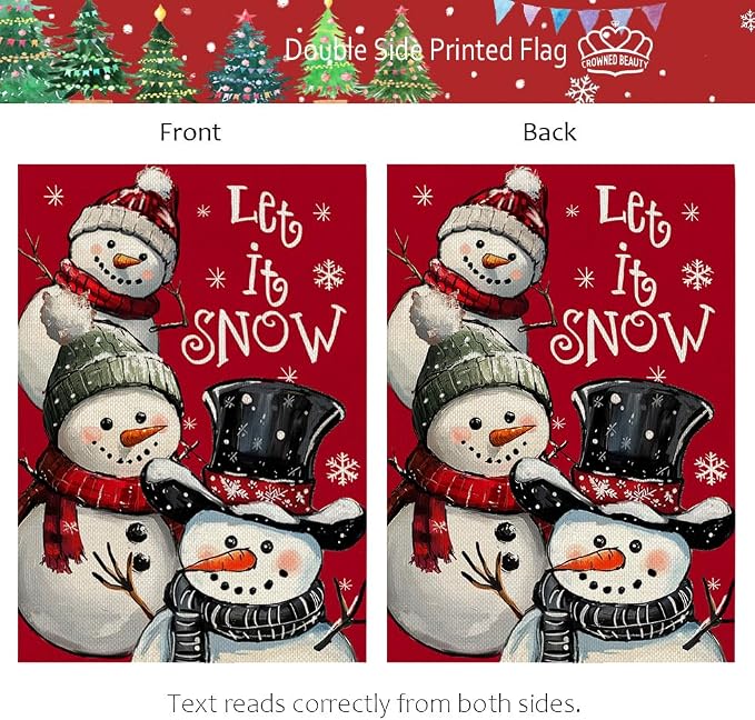 CROWNED BEAUTY Christmas Snowman House Flag 28x40 Inch Double Sided Red Xmas Let It Snow Decoration for Outside Yard CF1898-40