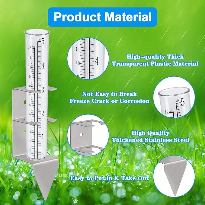 Rain Gauge,Rain Gauges Outdoors Best Rated with Stainless Steel Mounting Rack Holder,Freeze Proof Plastic Replacement Tube,Large Numbers,Rain Measure Gauge for Yard Garden Fence Lawn Patio Farm(5")