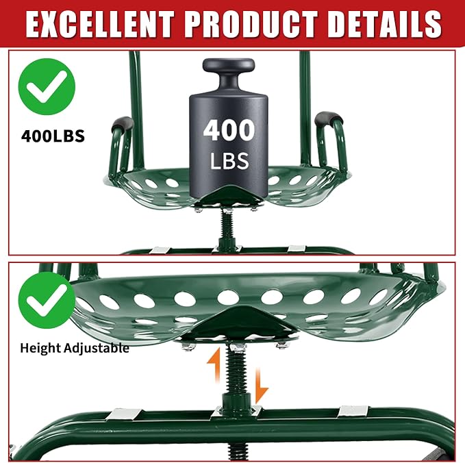 Rolling Garden Cart Workseat with Wheels, 360 Degree Swivel Gardening Stool, Extendable Steering Handle, Tool Tray, 10-Inch Inflatable Tires, Reinforced Steel Frame
