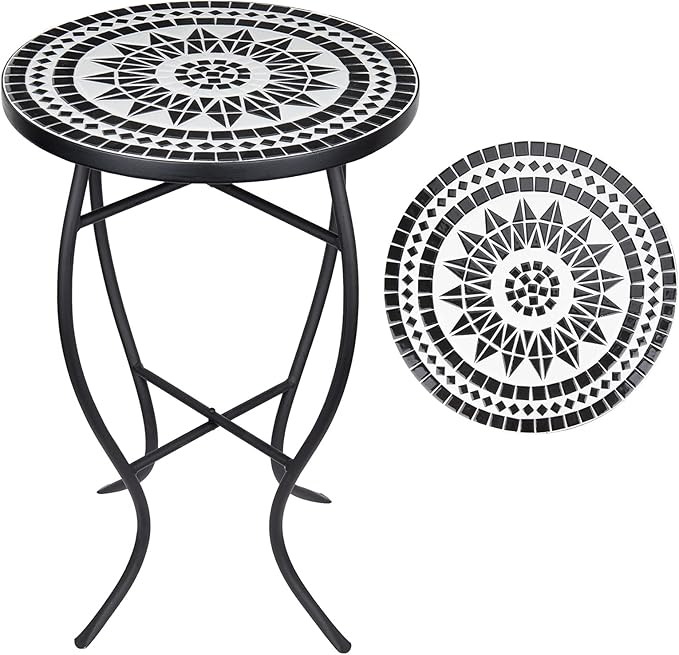 Vipush Outdoor Side Table Mosaic Accent Table End Table Plant Stand for Patio Garden Backyard Balcony Porch,14'' Round Mosaic Table Top with Black Iron