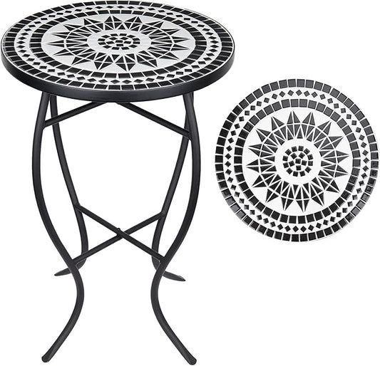 Vipush Outdoor Side Table Mosaic Accent Table End Table Plant Stand for Patio Garden Backyard Balcony Porch,14'' Round Mosaic Table Top with Black Iron