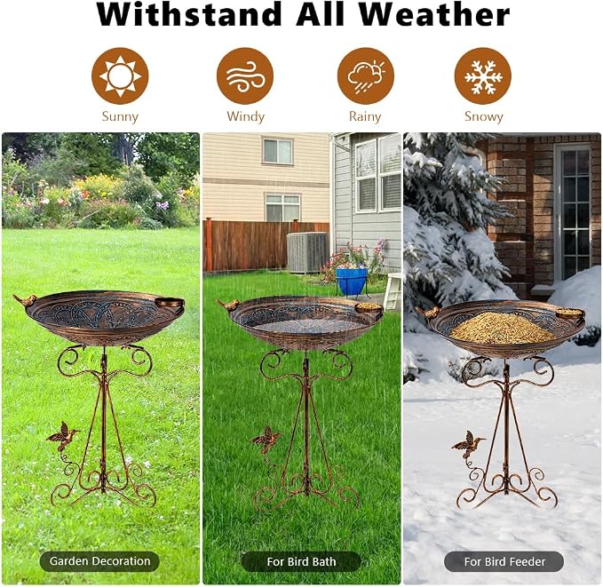Bird Bath Large Bird Bath for Outside,Garden Bird Baths for Outdoors with Metal Pedestal Birdbath Vintage Bird Feeder Birdbaths Bowl with Folding Bracket