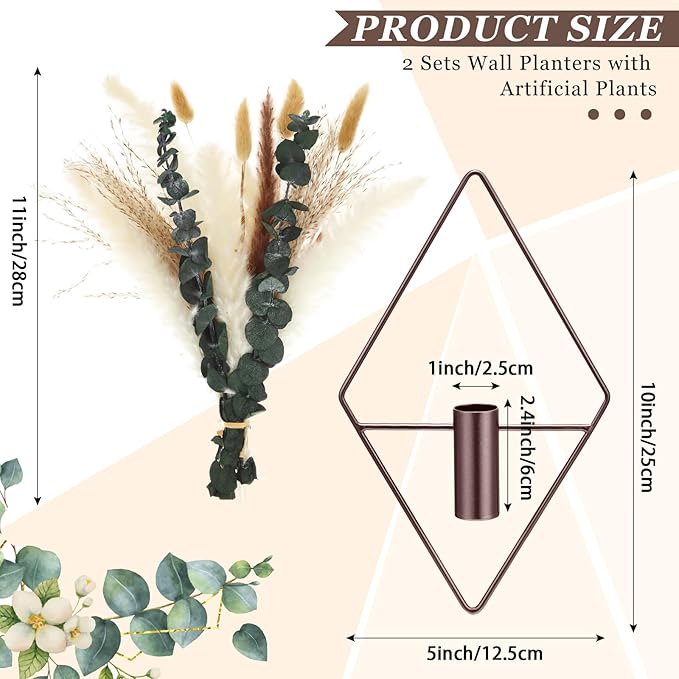 Canlierr 4 Pcs Bronze Wall Decor Hanging Planters with Artificial Plants Eucalyptus Pampas Grass Metal Hanging Vase Indoor Plants Holder Modern Boho Wall Art for Bathroom Bedroom Living Room Decor