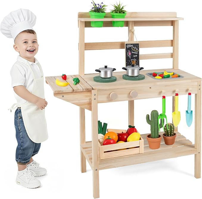Costzon Mud Kitchen, Solid Wood Potting Bench w/2 Flowerpots, Blackboard, Sink, 2 Stoves, Outdoor Pretend Play Set for Toddlers 3+ Years, Mud Kitchen for Kids Outdoor, Gift for Girls & Boys