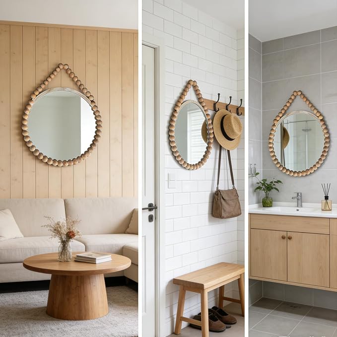 POZINO Wood Beaded Mirror, 20" Boho Round Mirror for Wall, Farmhouse Hanging Rustic Mirrors with Rope, Spherical Frame Circle Mirrors for Bathroom Bedroom Living Room Hallway Fireplace